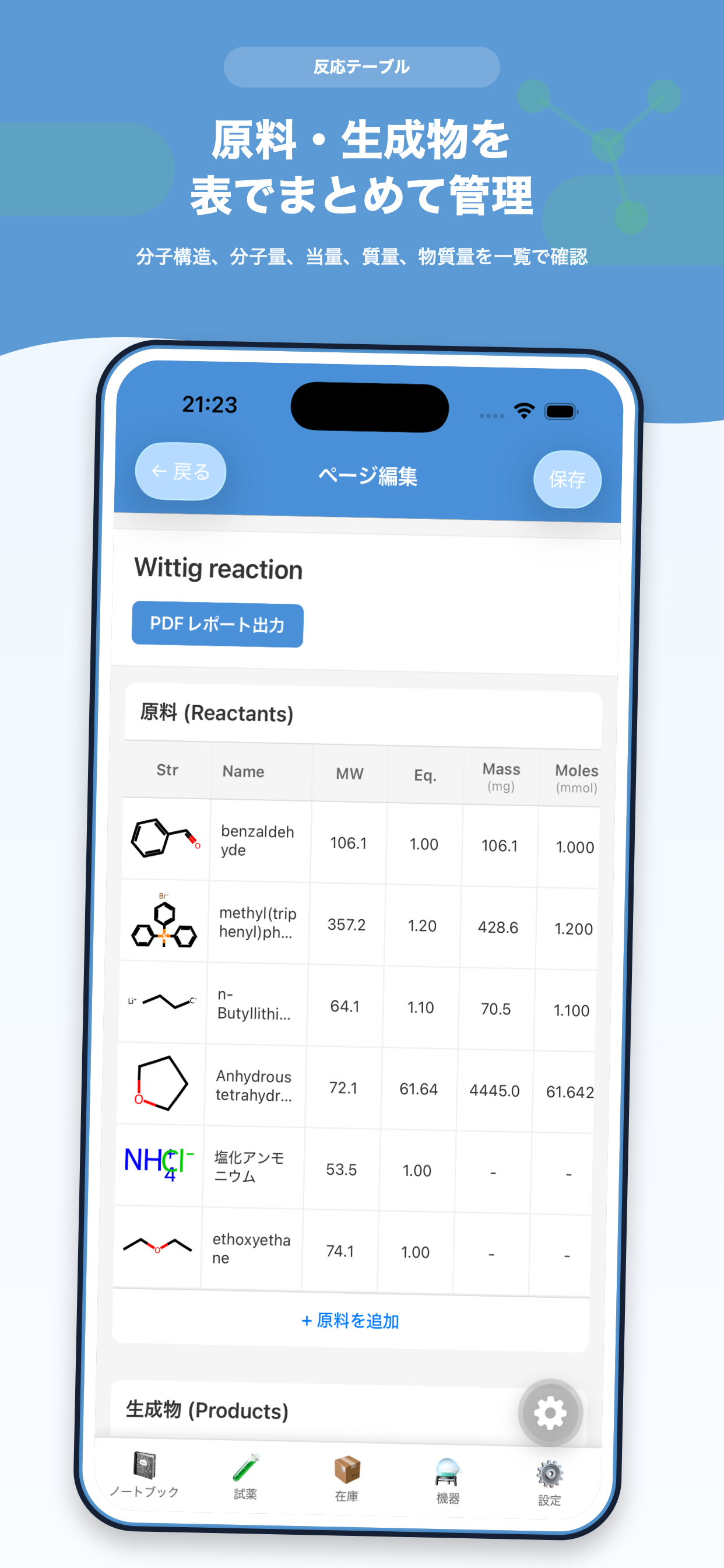Experiment reactants table on iPhone